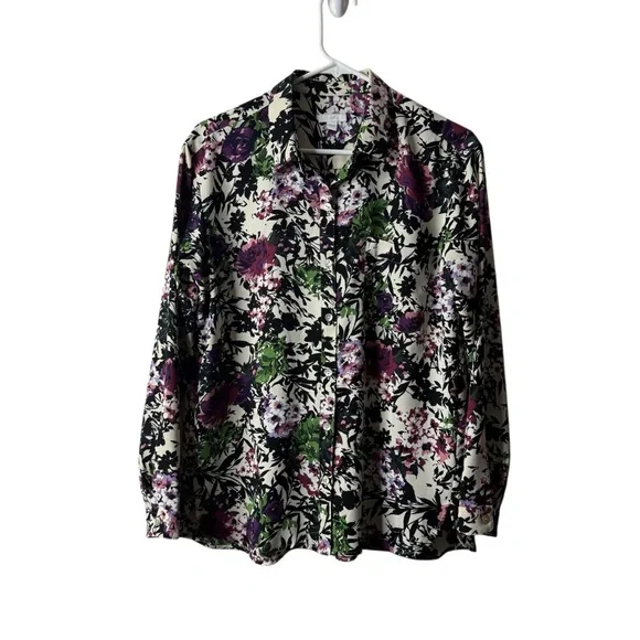 J Jill Cream Floral Dark Button Front Long Sleeve Blouse - Picture 1 of 6